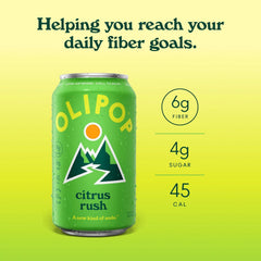 OLIPOP 6g Fiber Prebiotic Soda, Citrus Rush, 12 fl oz, 12 Pack | Shelf Stable Prebiotic Soda, 6g Fiber, 4g Sugar, Digestive Health Support, Prebiotics & Botanicals, Gluten Free, Non GMO