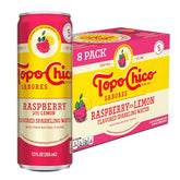 Topo Chico Sabores Raspberry with Lemon Sparkling Water, 12 fl oz, 8 pack | Cans of flavored sparkling water, no added sugar, low calorie, with minerals and real fruit juice