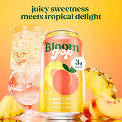Bloom Pop Prebiotic Soda 12 Pack, Peach Pineapple, 12oz Cans | Prebiotic Soda for Gut Health, Low Calorie Soda, No Caffeine, Healthy Soft Drink Alternative