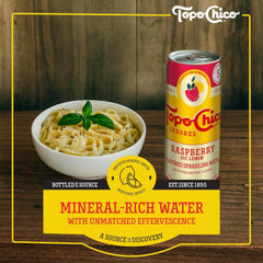 Topo Chico Sabores Raspberry with Lemon Sparkling Water, 12 fl oz, 8 pack | Cans of flavored sparkling water, no added sugar, low calorie, with minerals and real fruit juice
