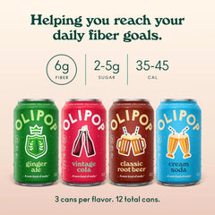 OLIPOP 6g Fiber Prebiotic Soda, Classic Soda Variety, 12 fl oz, 12 Pack | Shelf Stable Prebiotic Soda, 6g Fiber, 2-5g Sugar, Digestive Health Support, Prebiotics & Botanicals, Gluten Free, Non GMO