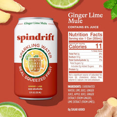 Spindrift Sparkling Water, Ginger Lime Mule Flavored, Made with Real Squeezed Fruit, 12 Fl Oz Cans, Pack of 24 (Only 11 Calories per Can)