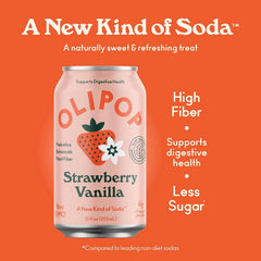 OLIPOP Prebiotic Soda Pop,Strawberry Vanilla,Pantry Pack Packed with Prebiotics,Fiber,and Botanicals,Gluten Free,Vegan,GMO Free,12oz,(Pack of 24)