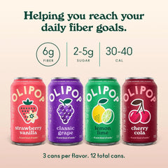 OLIPOP 6g Fiber Prebiotic Soda, Fruity Fun Variety, 12 fl oz, 12 Pack | Shelf Stable Prebiotic Soda, 6g Fiber, 2-5g Sugar, Digestive Health Support, Prebiotics & Botanicals, Gluten Free, Non GMO