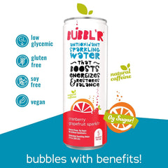 BUBBL'R cranberry grapefruit sparkl'r, Antioxidant Sparkling Water with Natural Caffeine, 0g Sugar, Gluten Free, All Natural Flavors, 12 Fl Oz Cans, 12 Count