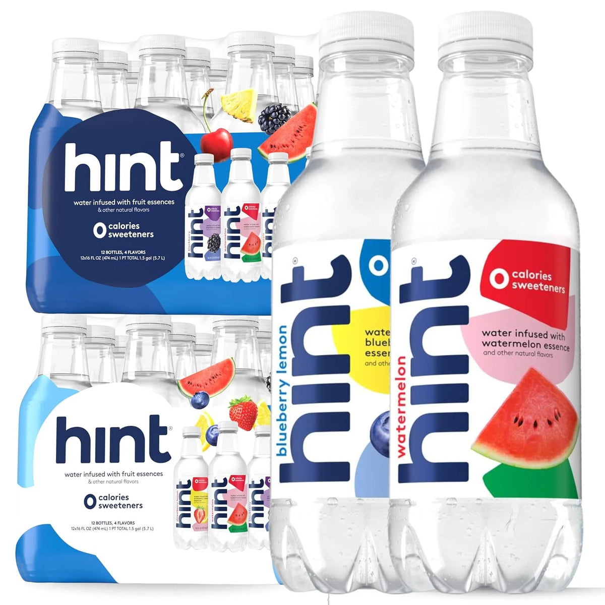 Hint Water Best Sellers Pack & Hint Water White Variety (24 Bottles), Zero Sugar, Sweeteners, and Calories, Flavors: Watermelon, Blackberry, Blueberry Lemon, Strawberry Lemon, Cherry, and Pineapple