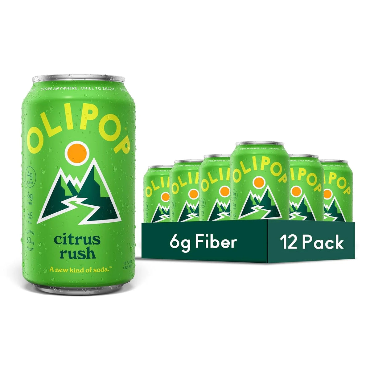 OLIPOP 6g Fiber Prebiotic Soda, Citrus Rush, 12 fl oz, 12 Pack | Shelf Stable Prebiotic Soda, 6g Fiber, 4g Sugar, Digestive Health Support, Prebiotics & Botanicals, Gluten Free, Non GMO