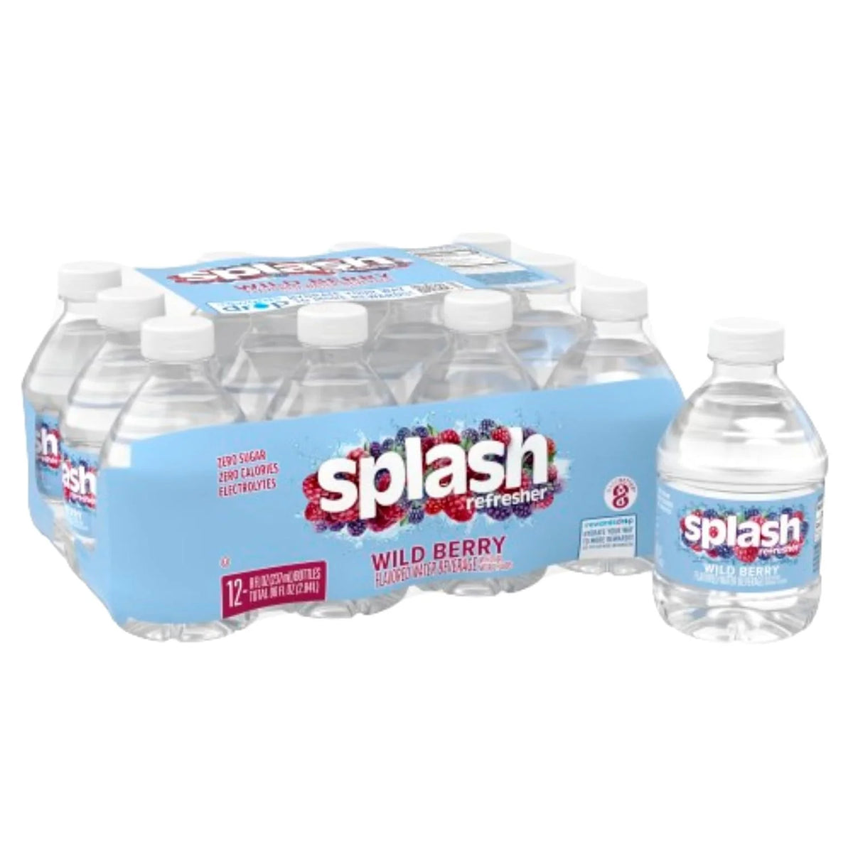 SPLASH REFRESHER Flavored Water Bottles, Wild Berry Flavor - 12 Pack | Refreshing Flavored Bottled Water with Electrolytes - Zero Sugar & Zero Calories - 8 Fl Oz