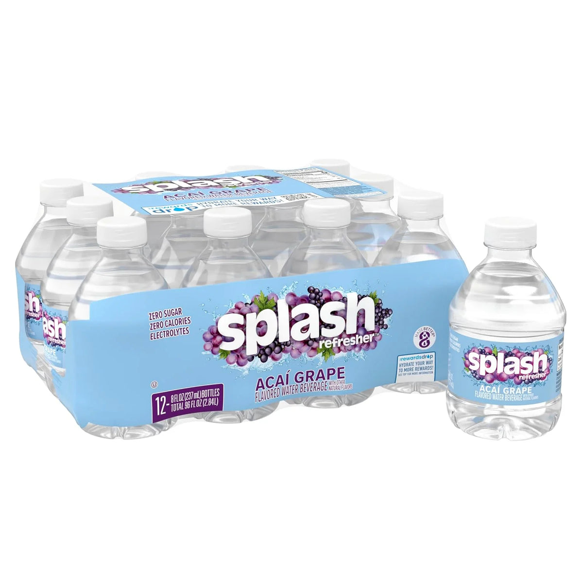 SPLASH REFRESHER Flavored Water Bottles, Acai Grape Flavor - 12 Pack | Refreshing Flavored Bottled Water with Electrolytes - Zero Sugar & Zero Calories - 8 Fl Oz