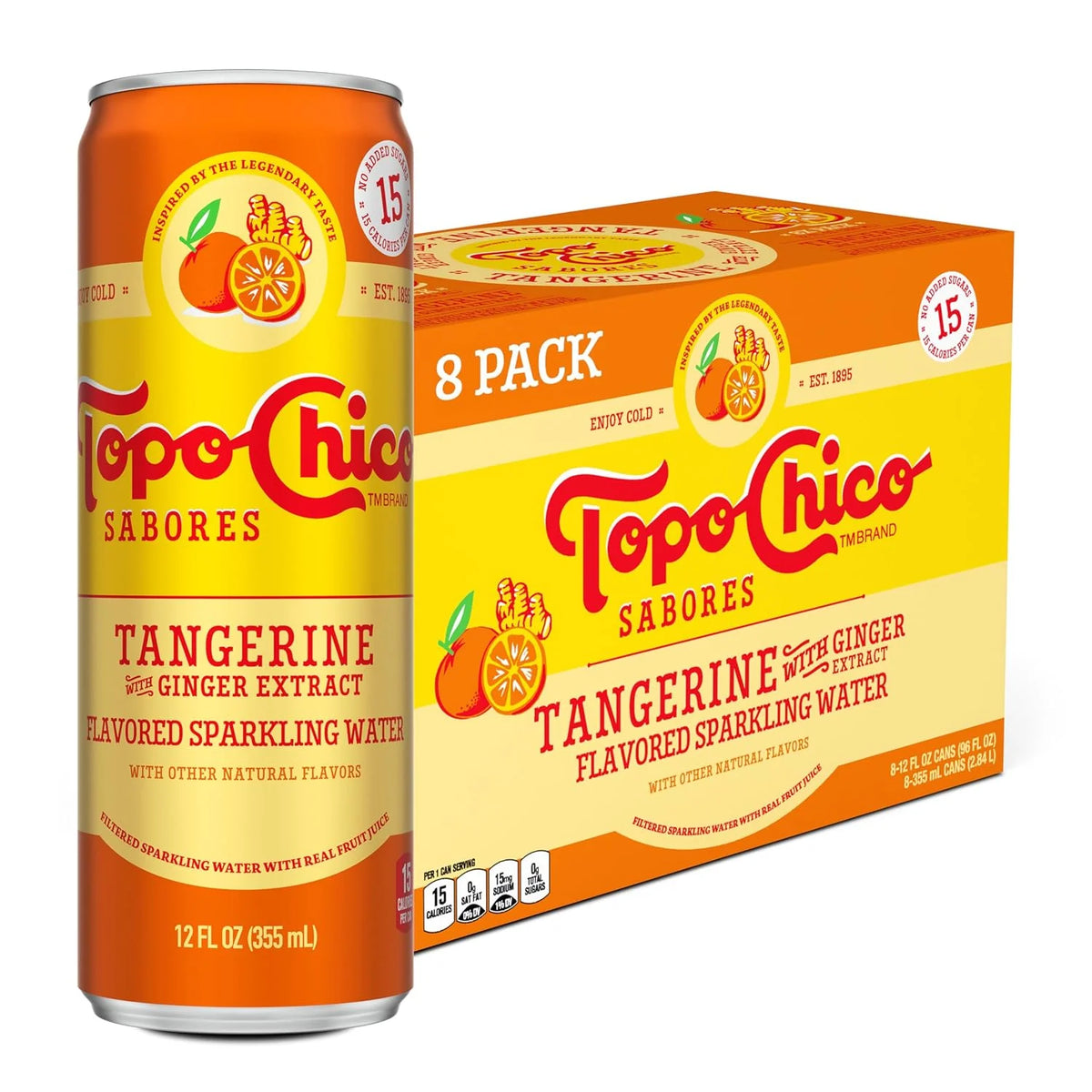 Topo Chico Sabores Tangerine with Ginger Sparkling Water, 12 fl oz, 8 Pack | Cans of flavored bubbly water with minerals, real fruit juice, and ginger extract, no added sugar