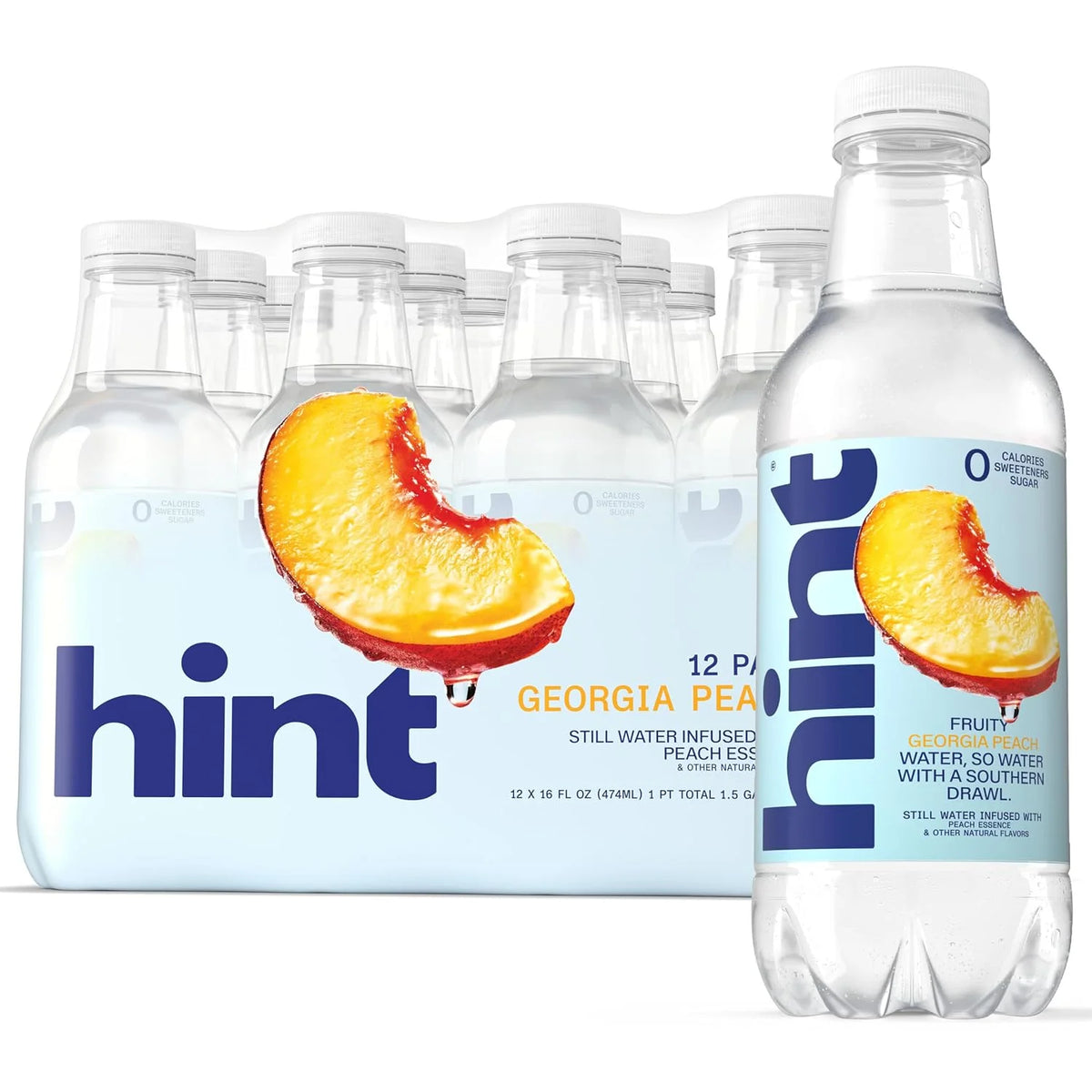 Hint Flavored Water Zero Sugar 0 Calories - Georgia Peach (12 pack) | Crisp, refreshing water, fruit flavors. 0 calories, 0 sugar, 0 sweeteners. Hydration for wellness. Gluten-free, Kosher, Vegan