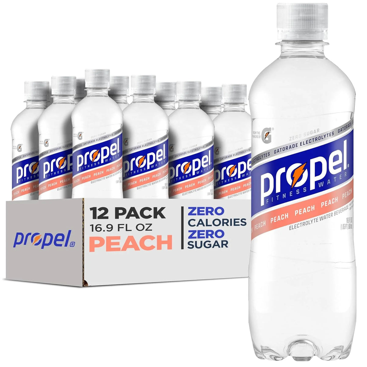 Propel, Peach, Zero Calorie Sports Drinking Water with Electrolytes and Vitamins C&E, 16.9 Fl Oz (Pack of 12)