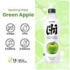 CHI FOREST Flavored Sparkling Water Beverage, Green Apple, Zero Sugar, 16.2 fl oz Bottles (pack of 15)