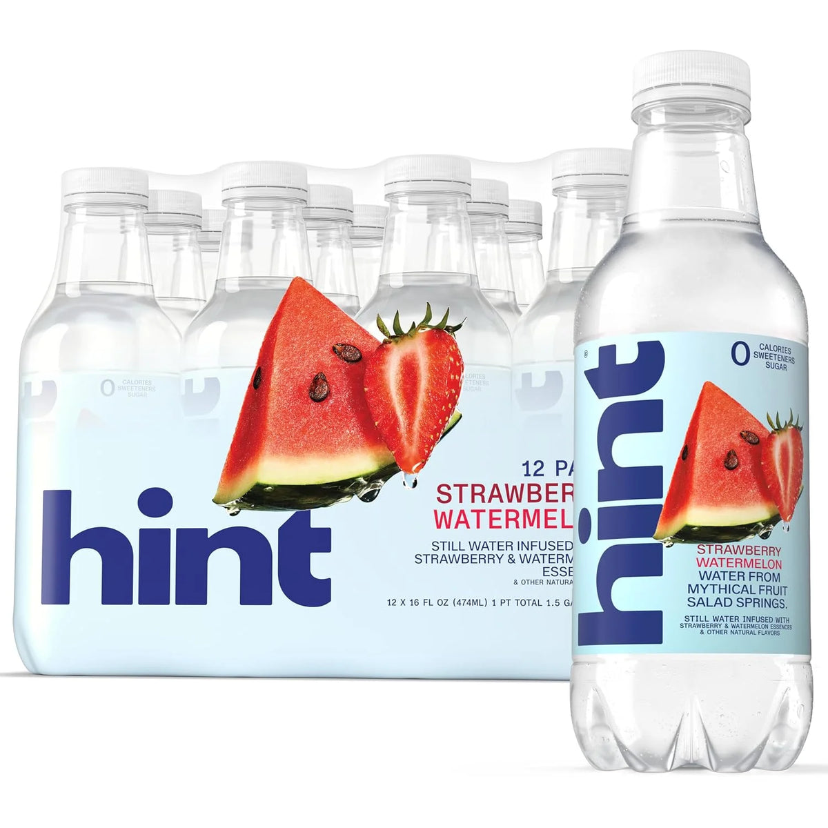 Hint Flavored Water Zero Sugar 0 Calories - Strawberry Watermelon (12 pack) | Crisp, refreshing water, fruit flavors. 0 calories, 0 sugar, 0 sweeteners. Hydration for wellness. Gluten-free, Kosher, Vegan