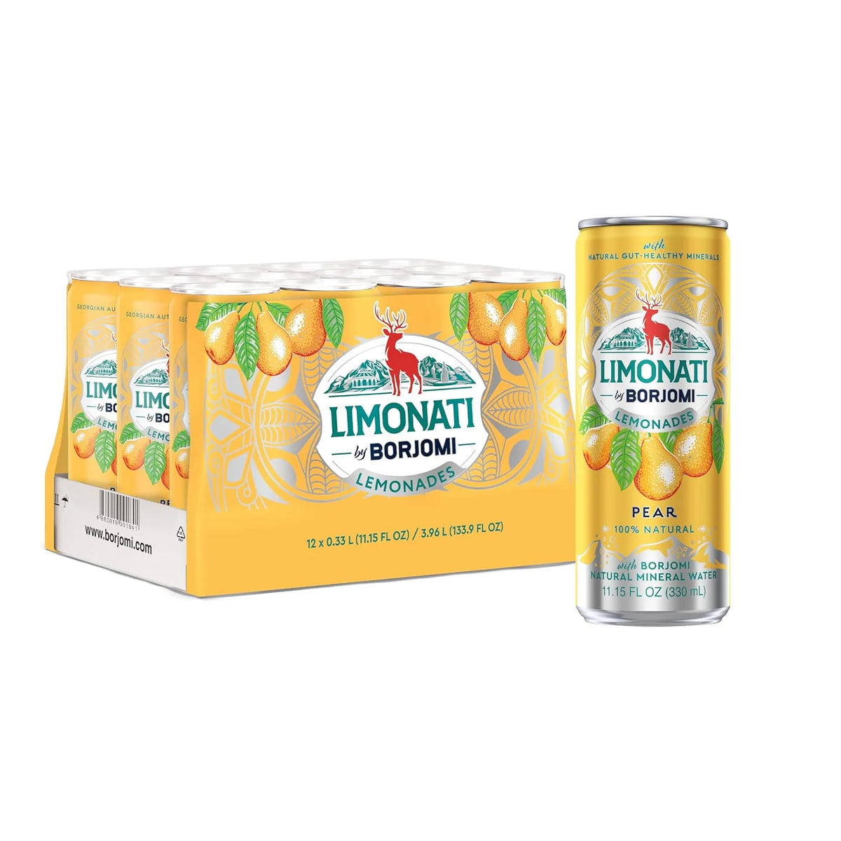 Limonati by Borjomi - Pear Lemonade with Natural Fruit Juice and Borjomi Sparkling Mineral Water - 11.15 oz, 12 Cans