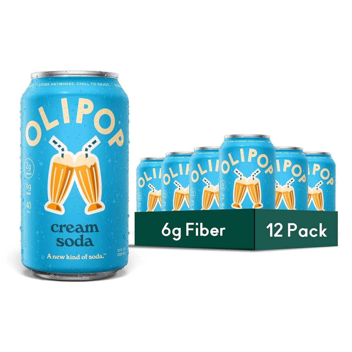 OLIPOP 6g Fiber Prebiotic Soda, Cream Soda, 12 fl oz, 12 Pack | Shelf Stable Prebiotic Soda, 6g Fiber, 2g Sugar, Digestive Health Support, Prebiotics & Botanicals, Gluten Free, Non GMO