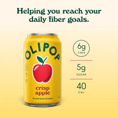 OLIPOP 6g Fiber Prebiotic Soda, Crisp Apple, 12 fl oz, 12 Pack | Shelf Stable Prebiotic Soda, 6g Fiber, 5g Sugar, Digestive Health Support, Prebiotics & Botanicals, Gluten Free, Non GMO