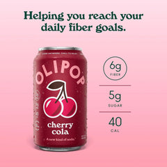 OLIPOP 6g Fiber Prebiotic Soda, Cherry Cola, 12 fl oz, 12 Pack | Shelf Stable Prebiotic Soda, 6g Fiber, 5g Sugar, Digestive Health Support, Prebiotics & Botanicals, Gluten Free, Non GMO