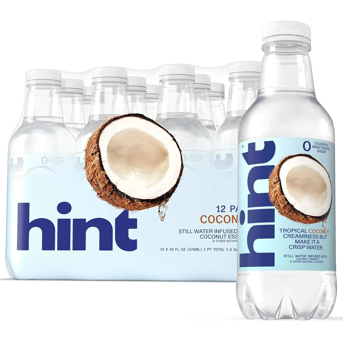 Hint Flavored Water Zero Sugar 0 Calories - Coconut (12 pack) | Crisp, refreshing water, fruit flavors. 0 calories, 0 sugar, 0 sweeteners. Hydration for wellness. Gluten-free, Kosher, Vegan