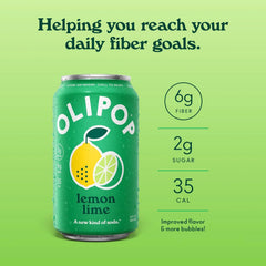 OLIPOP 6g Fiber Prebiotic Soda, Lemon Lime, 12 fl oz, 12 Pack | Shelf Stable Prebiotic Soda, 6g Fiber, 2g Sugar, Digestive Health Support, Prebiotics & Botanicals, Gluten Free, Non GMO