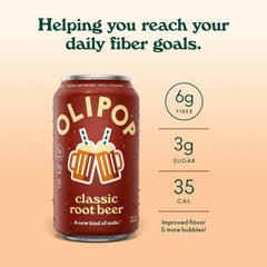 OLIPOP 6g Fiber Prebiotic Soda, Classic Root Beer, 12 fl oz, 12 Pack | Shelf Stable Prebiotic Soda, 6g Fiber, 3g Sugar, Digestive Health Support, Prebiotics & Botanicals, Gluten Free, Non GMO