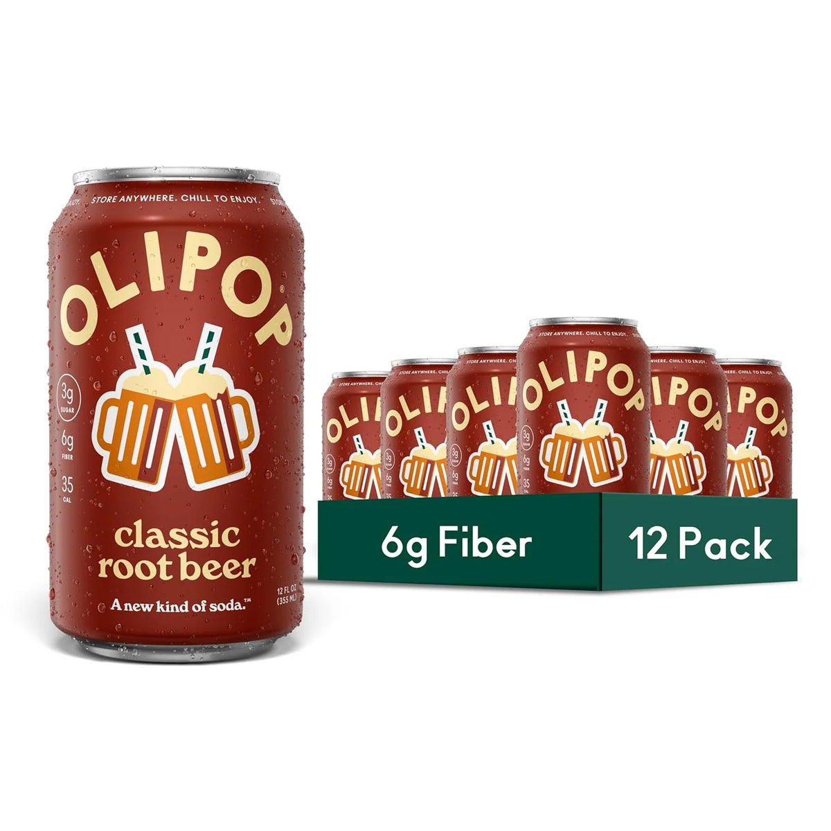 OLIPOP 6g Fiber Prebiotic Soda, Classic Root Beer, 12 fl oz, 12 Pack | Shelf Stable Prebiotic Soda, 6g Fiber, 3g Sugar, Digestive Health Support, Prebiotics & Botanicals, Gluten Free, Non GMO