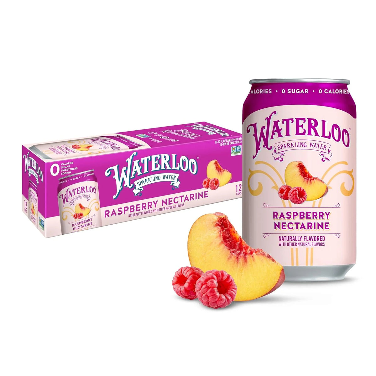 Waterloo Sparkling Water, Raspberry Nectarine, 12 Fl Oz Cans (Pack of 12) | Naturally Flavored, Zero Calories and Zero Sugar or Sweeteners