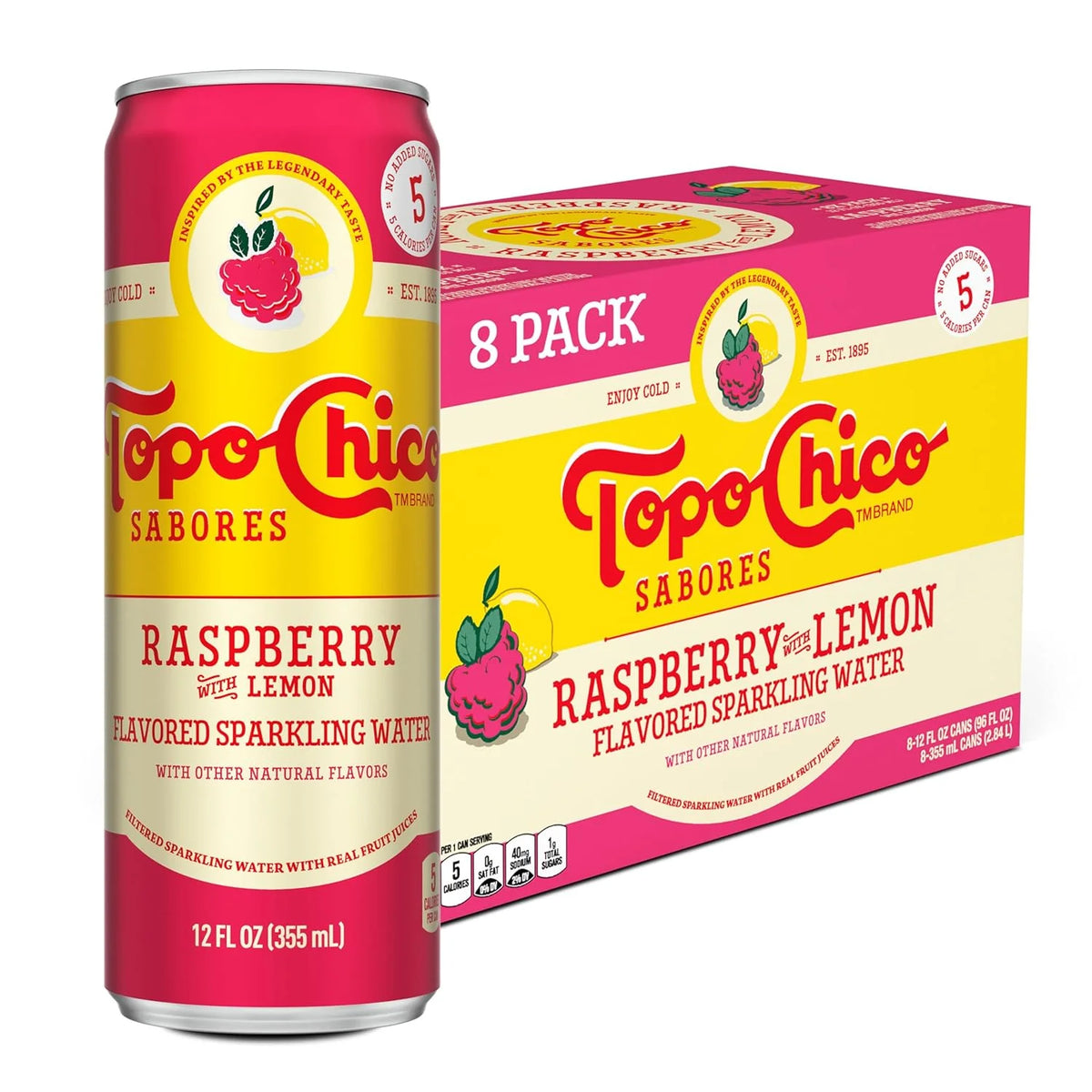 Topo Chico Sabores Raspberry with Lemon Sparkling Water, 12 fl oz, 8 pack | Cans of flavored sparkling water, no added sugar, low calorie, with minerals and real fruit juice