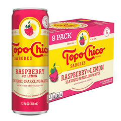 Topo Chico Sabores Raspberry with Lemon Sparkling Water, 12 fl oz, 8 pack | Cans of flavored sparkling water, no added sugar, low calorie, with minerals and real fruit juice