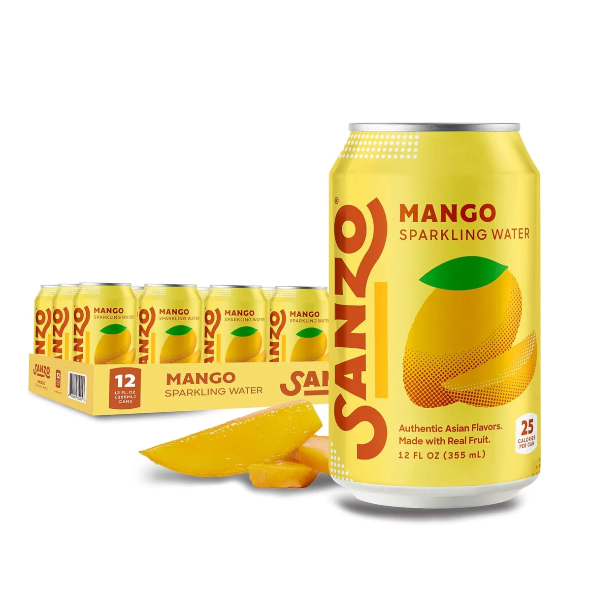 Sanzo Flavored Sparkling Water - Mango Seltzer | 12oz, 12 Pack, Low Calorie Low Sugar, Craft Asian Drinks, Vegan Gluten Free Carbonated Flavored Water, Fizzy Healthy Drinks