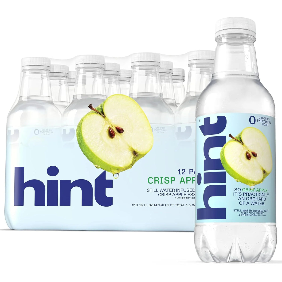 Hint Flavored Water Zero Sugar 0 Calories - Crisp Apple (12 pack) | Crisp, refreshing water, fruit flavors. 0 calories, 0 sugar, 0 sweeteners. Hydration for wellness. Gluten-free, Kosher, Vegan