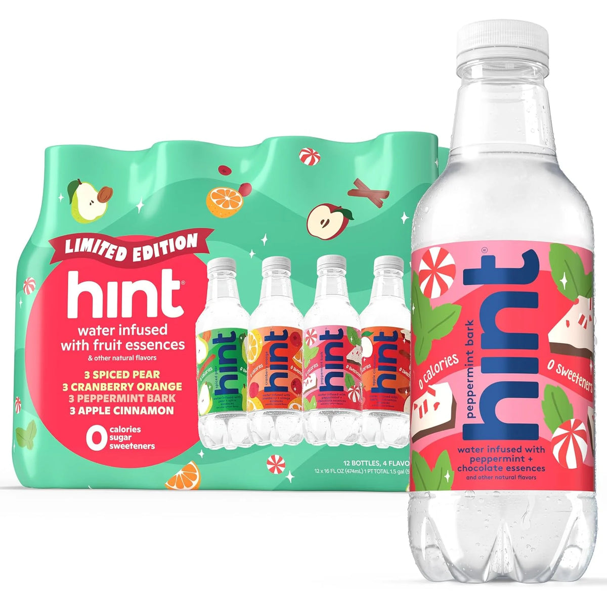 Hint Flavored Water Zero Sugar 0 Calories - Winter Variety (12 pack) | Crisp, refreshing water, fruit flavors. 0 calories, 0 sugar, 0 sweeteners. Hydration for wellness. Gluten-free, Kosher, Vegan