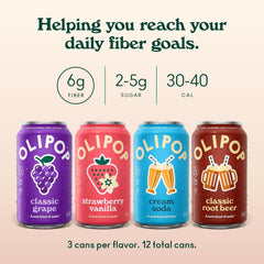 OLIPOP 6g Fiber Prebiotic Soda, Favorites Variety, 12 fl oz, 12 Pack | Shelf Stable Prebiotic Soda, 6g Fiber, 2-5g Sugar, Digestive Health Support, Prebiotics & Botanicals, Gluten Free, Non GMO