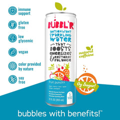BUBBL'R fruit punch'r, Antioxidant Sparkling Water with Natural Caffeine, 0g Sugar, Gluten Free, All Natural Flavors, 12 Fl Oz Cans, 12 Count (12 Fl Oz (Pack of 12), fruit punch'r)