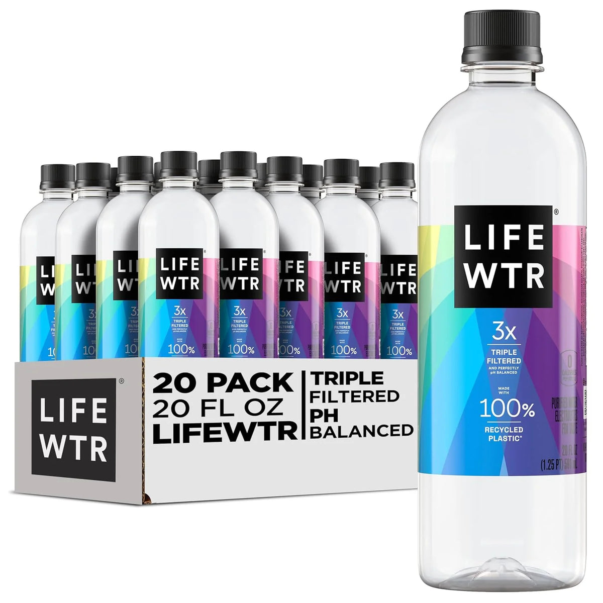 LIFEWTR Premium Purified Water, pH Balanced with Electrolytes, 100% recycled plastic bottles, 20 Fl Oz (Pack of 20)