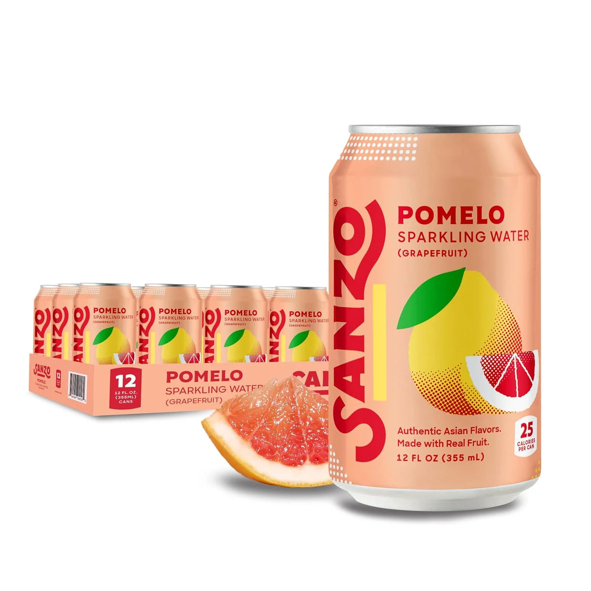 Sanzo Flavored Sparkling Water - Pomelo Grapefruit Seltzer | 12oz, 12 Pack, Low Calorie Low Sugar, Craft Asian Drinks, Vegan Gluten Free Carbonated Flavored Water, Fizzy Healthy Drinks