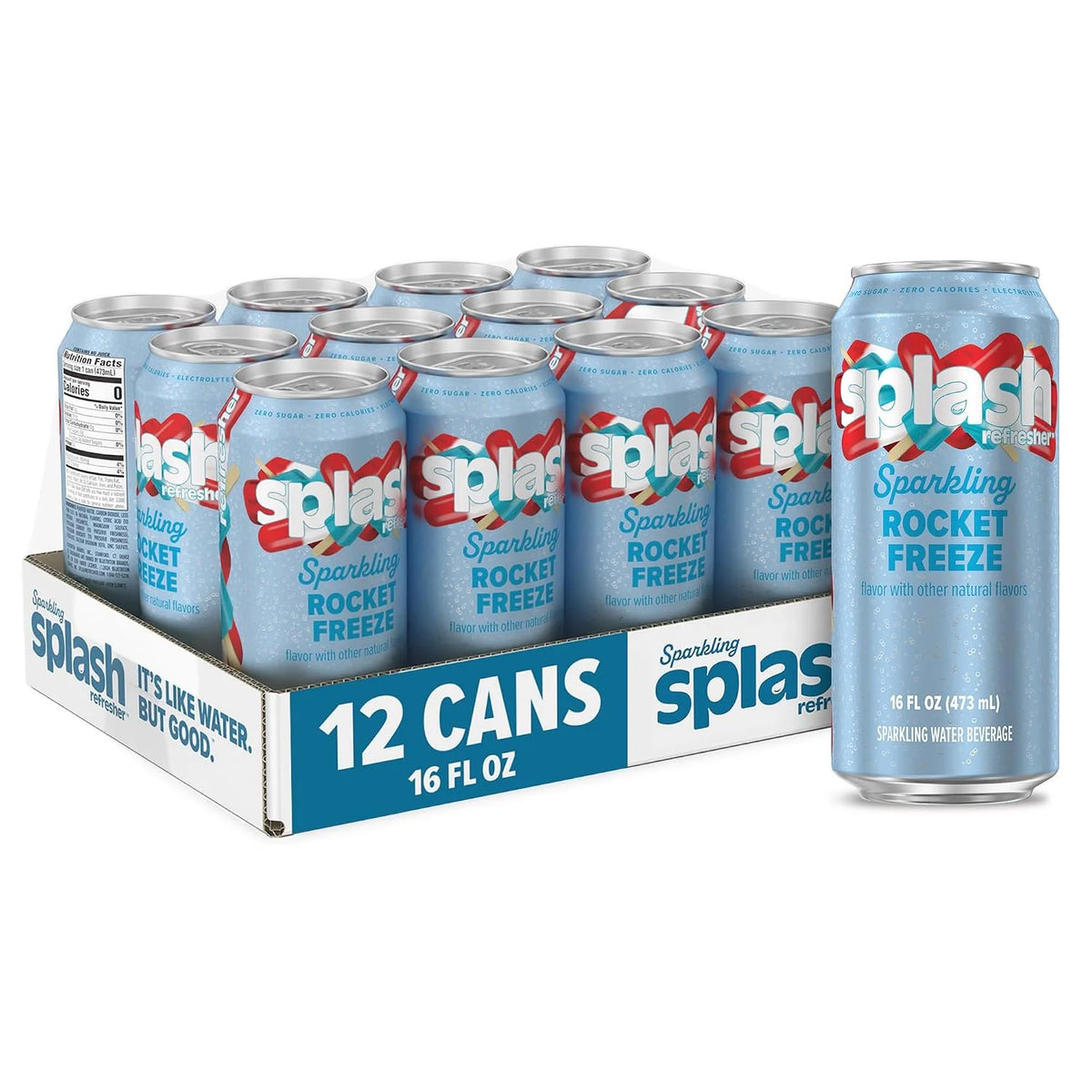 SPLASH REFRESHER Sparkling Water, Rocket Freeze - 12-Pack, 16 Fl Oz Cans - Flavored Carbonated Seltzer Water with Electrolytes, Zero Sugar & Zero Calories