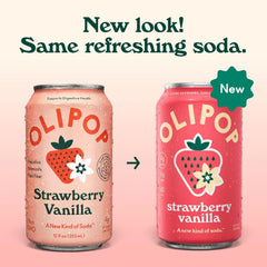 OLIPOP 6g Fiber Prebiotic Soda, Strawberry Vanilla, 12 fl oz, 12 Pack | Shelf Stable Prebiotic Soda, 6g Fiber, 4g Sugar, Digestive Health Support, Prebiotics & Botanicals, Gluten Free, Non GMO