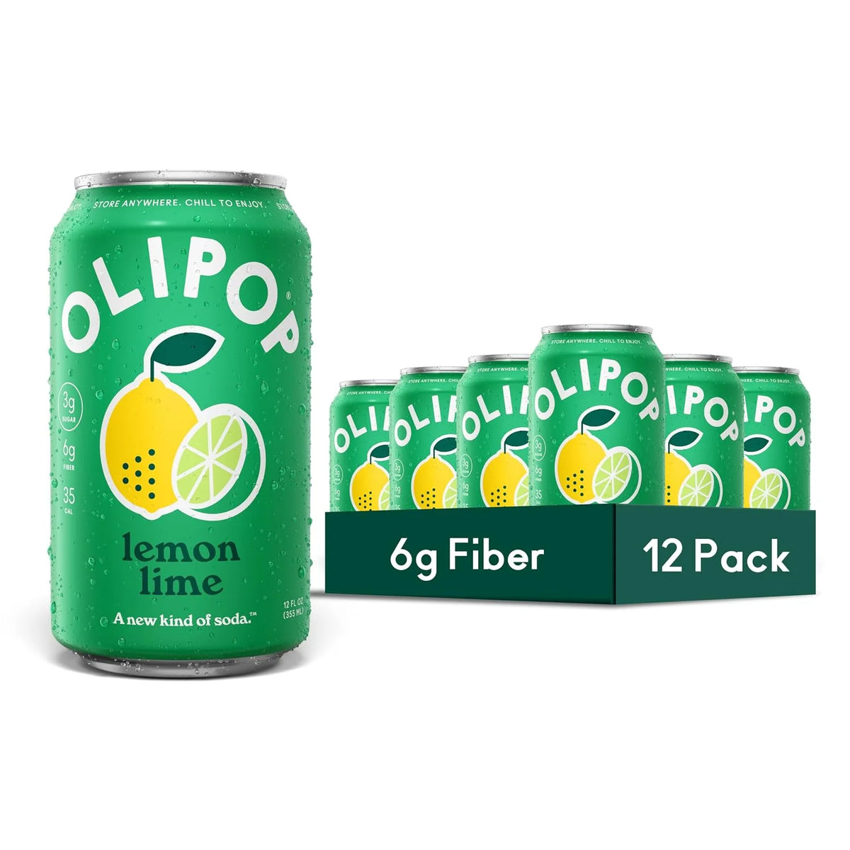 OLIPOP 6g Fiber Prebiotic Soda, Lemon Lime, 12 fl oz, 12 Pack | Shelf Stable Prebiotic Soda, 6g Fiber, 2g Sugar, Digestive Health Support, Prebiotics & Botanicals, Gluten Free, Non GMO