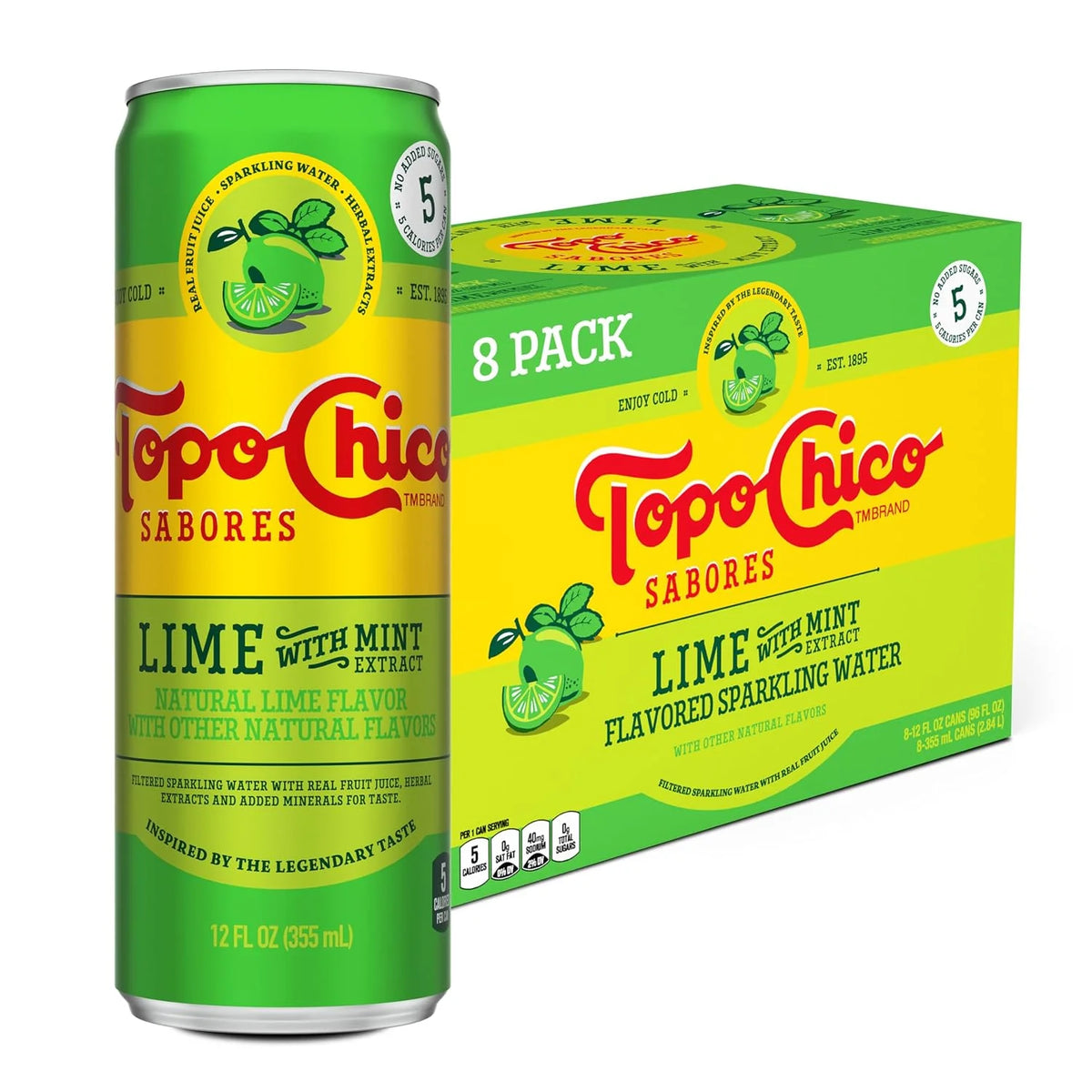 Topo Chico Sabores Lime with Mint Extract Sparkling Water, 12 fl oz, 8 Pack | Cans of flavored bubbly water with minerals and real fruit juice, no added sugar
