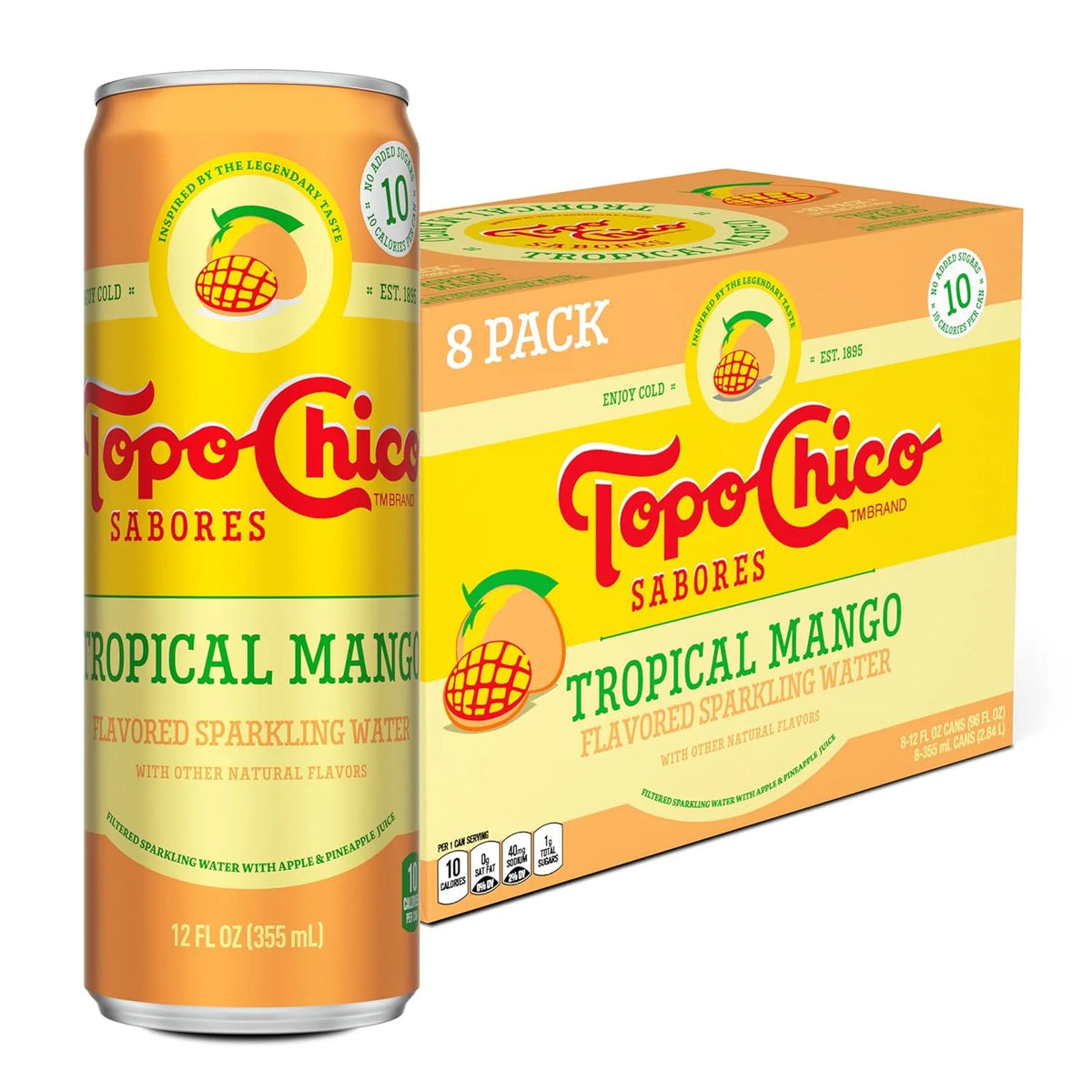 Topo Chico Sabores Tropical Mango Sparkling Water, 12 fl oz, 8 Pack | Cans of flavored sparkling water, no added sugar, low calorie, with minerals and real fruit juice
