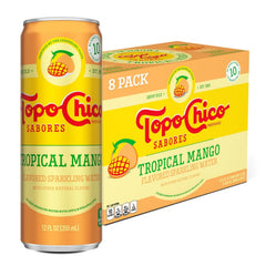 Topo Chico Sabores Tropical Mango Sparkling Water, 12 fl oz, 8 Pack | Cans of flavored sparkling water, no added sugar, low calorie, with minerals and real fruit juice