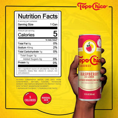 Topo Chico Sabores Raspberry with Lemon Sparkling Water, 12 fl oz, 8 pack | Cans of flavored sparkling water, no added sugar, low calorie, with minerals and real fruit juice