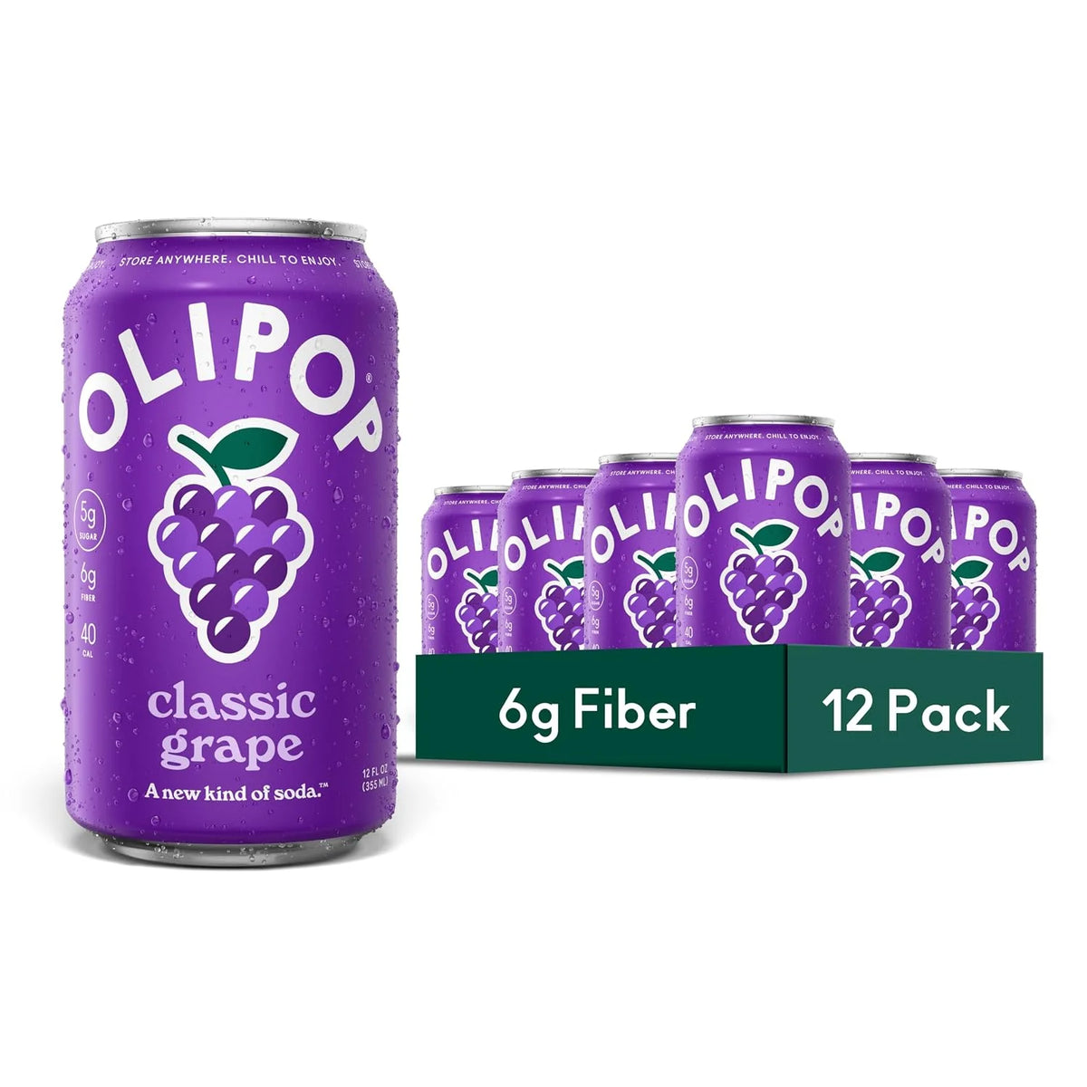 OLIPOP 6g Fiber Prebiotic Soda, Classic Grape, 12 fl oz, 12 Pack | Shelf Stable Prebiotic Soda, 6g Fiber, 5g Sugar, Digestive Health Support, Prebiotics & Botanicals, Gluten Free, Non GMO