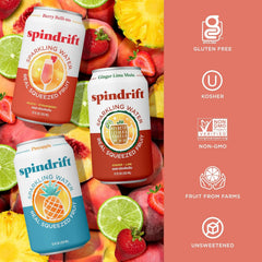 Spindrift Sparkling Water, Mocktail 3 Flavor Variety Pack, Made with Real Squeezed Fruit, 12 Fl Oz Cans, Pack of 24