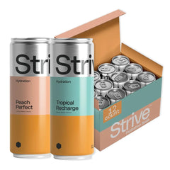 Strive Soda Sparkling Hydration Soda Variety Pack with Electrolytes & Organic Honey - 12 Pack Cans Tropical Recharge & Peach Perfect - Naturally Sweetened Drink - No Artificial Sweeteners or Preservatives -