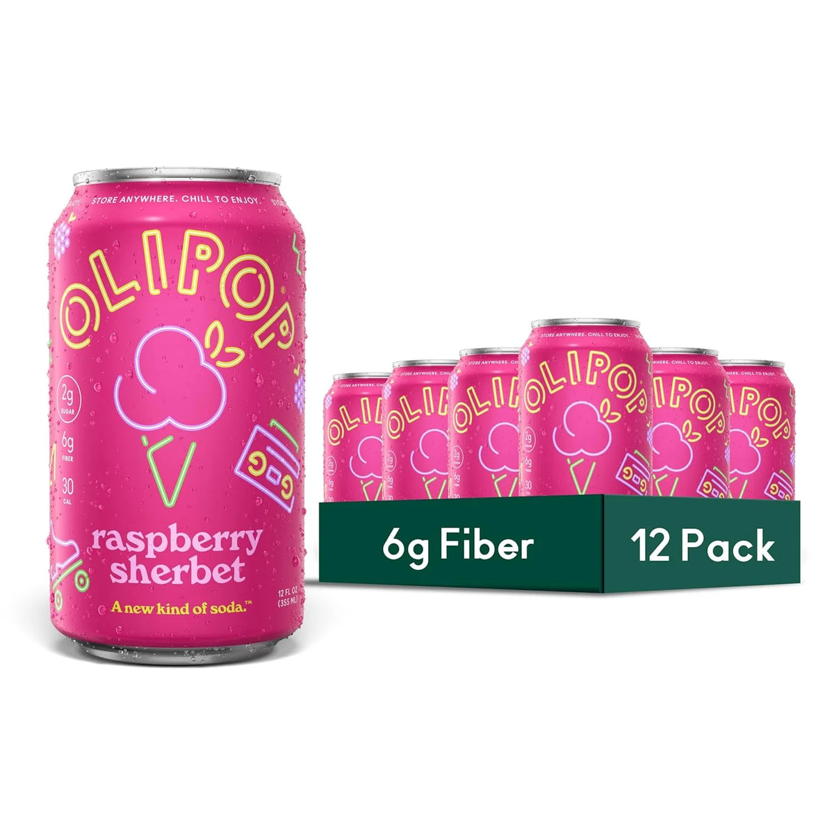 OLIPOP 6g Fiber Prebiotic Soda, Raspberry Sherbet, 12 fl oz, 12 Pack | Shelf Stable Prebiotic Soda, 6g Fiber, 2g Sugar, Digestive Health Support, Prebiotics & Botanicals, Gluten Free, Non GMO