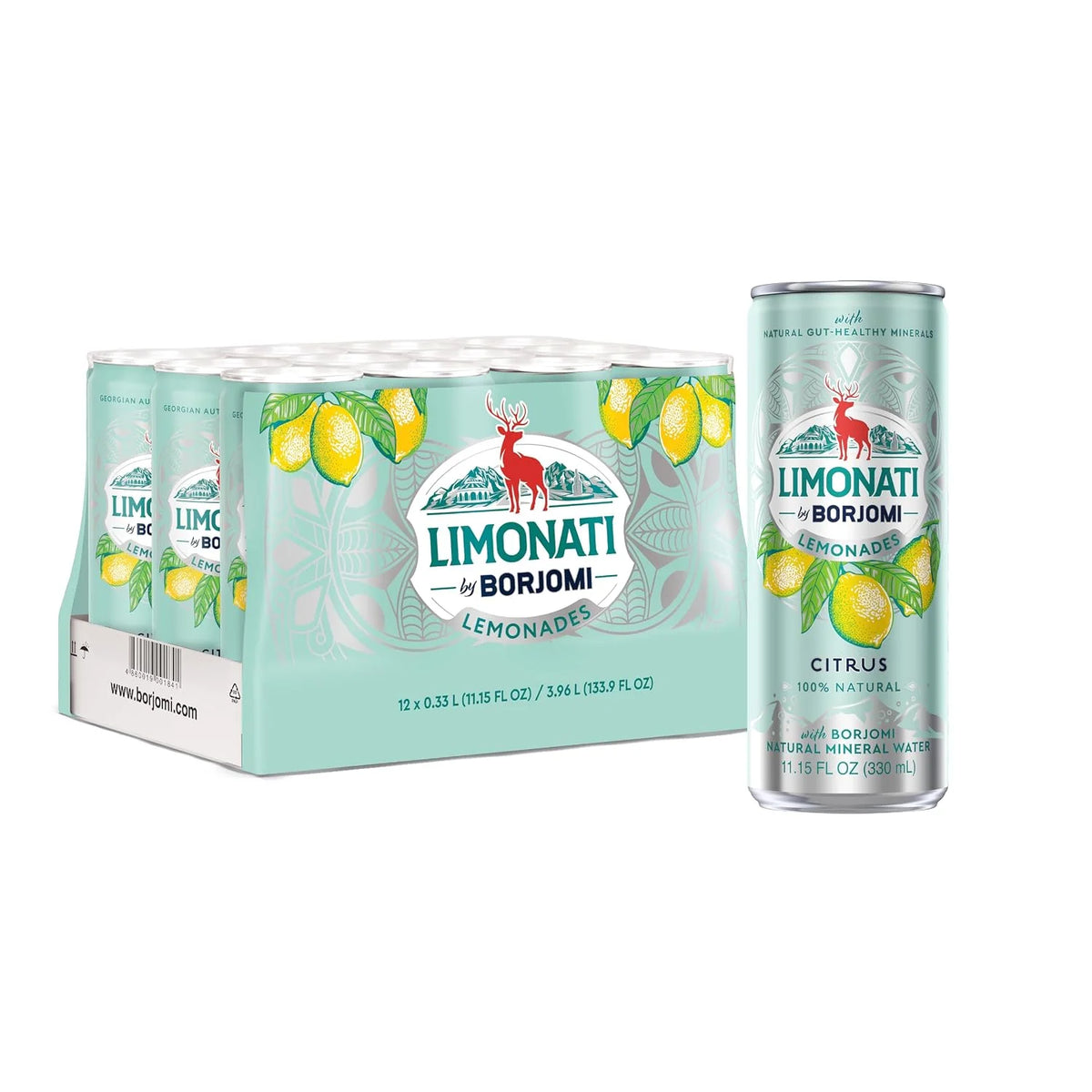 Limonati by Borjomi - Citrus Lemonade with Natural Fruit Juice and Borjomi Sparkling Mineral Water - 11.15 oz, 12 Cans
