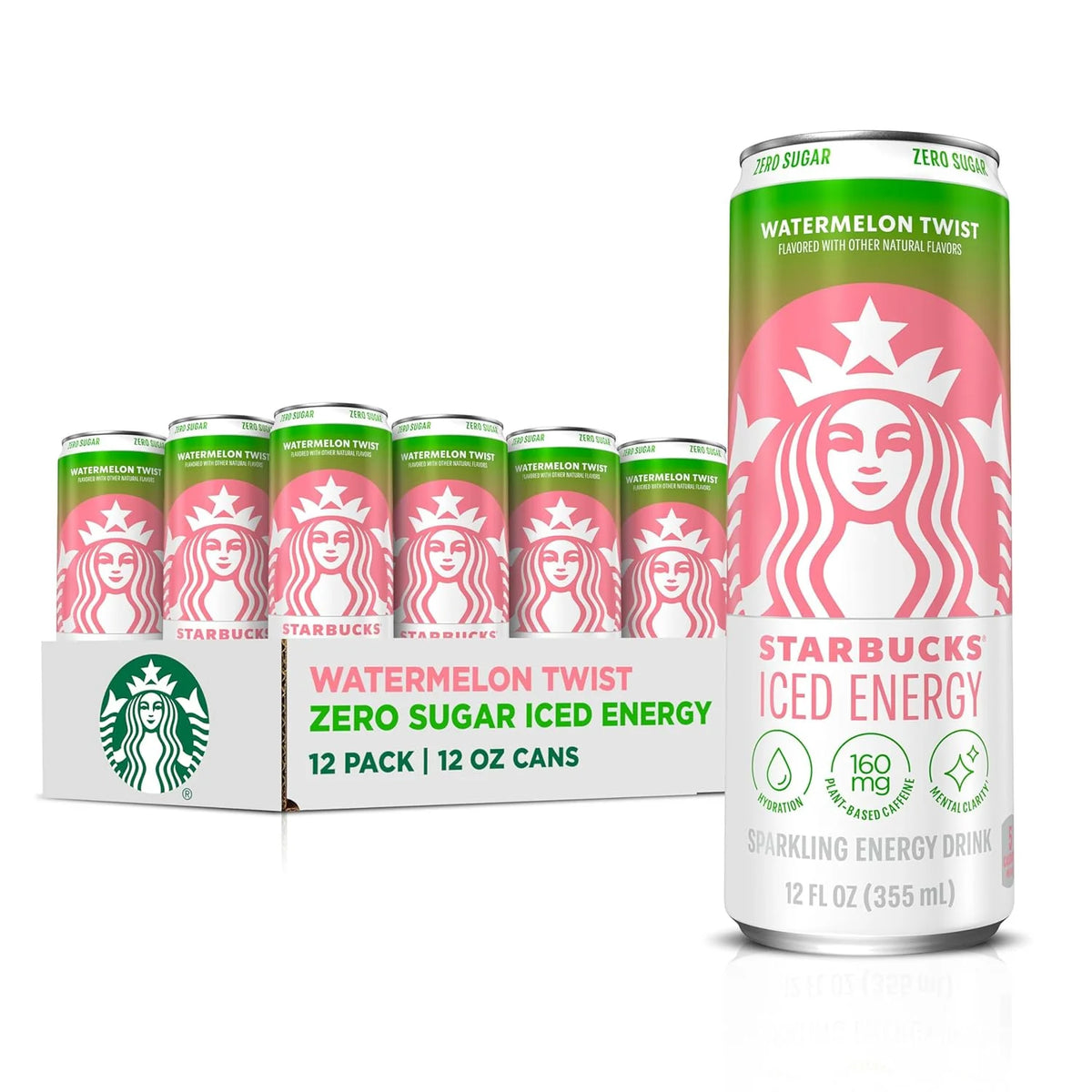 Starbucks Iced Energy Drink, Watermelon Twist, Zero Sugar Energy Drink, Plant Based Caffeine, Hydration, Mental Clarity, 12 Fl Oz Cans (Pack of 12)