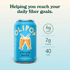 OLIPOP 6g Fiber Prebiotic Soda, Cream Soda, 12 fl oz, 12 Pack | Shelf Stable Prebiotic Soda, 6g Fiber, 2g Sugar, Digestive Health Support, Prebiotics & Botanicals, Gluten Free, Non GMO
